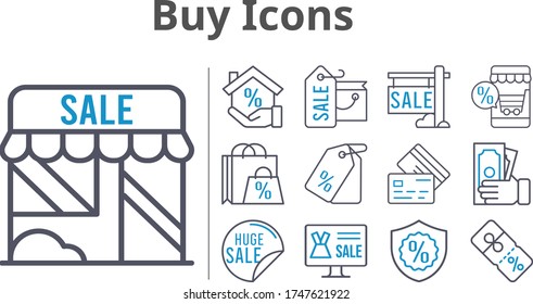 buy icons set. included online shop, shopping bag, sale, shop, mortgage, money, price tag, warranty, discount, credit card icons. bicolor styles.