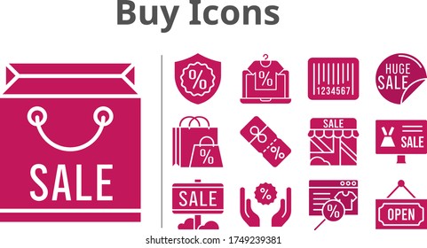 buy icons set. included online shop, shopping bag, sale, shop, discount, warranty, barcode, open icons. filled styles.