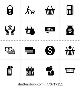 Buy icons. vector collection filled buy icons. includes symbols such as holding money sack, money lock, dollar, pos terminal, credit card. use for web, mobile and ui design.