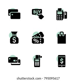 Buy icons. vector collection filled buy icons set.. includes symbols such as credit card, pos terminal, money sack, dollar sign on phone. use for web, mobile and ui design.