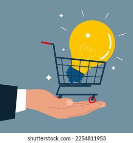 Buy idea. Light bulb in shopping cart in businessman hand. Bargain business deal for buyer and seller. Best price shopping. Flat vector illustration.