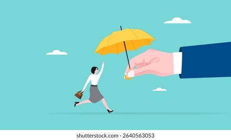 buy insurance for future security, happy woman receives umbrella from big businessman insurance hand