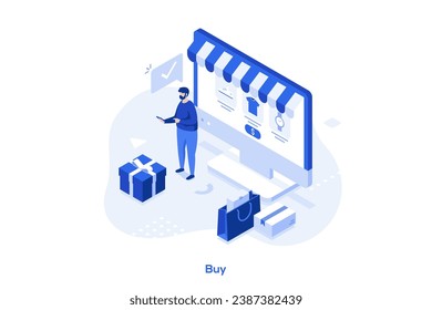 Buy isometric concept vector illustration. Website menu bar, e-commerce business, online shopping, product in stock, retail store, shopping list, user account worldwide delivery abstract metaphor.