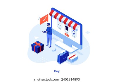 Buy isometric concept vector illustration. Website menu bar, e-commerce business, online shopping, product in stock, retail store, shopping list, user account worldwide delivery abstract metaphor.