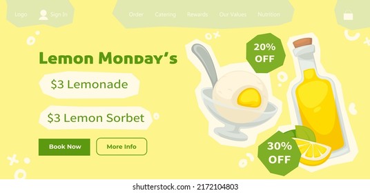 Buy lemonade or lemon sorbet in web, order online and get 20 percent off price. Tasty dessert in store, healthy eating and delicious dishes. Website landing page template, vector in flat style