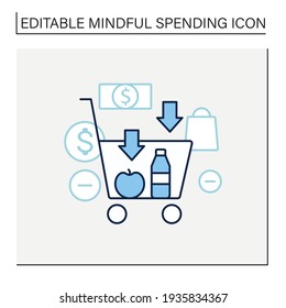 Buy less line icon.Basket with necessary products. Milk, fruit. Thoughtful spending money. Purchase only necessary products.Mindful spending concept.Isolated vector illustration.Editable stroke