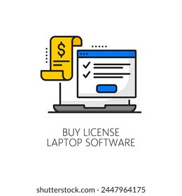 Buy license laptop software line color icon, maintenance and update app. Vector linear sign, featuring notebook Pc with payment bill and information screen. Application, digital program purchase