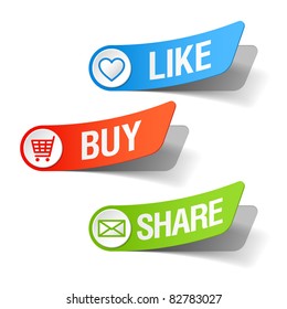 Buy, like and share labels. Vector.