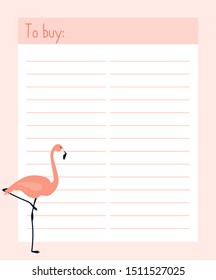 To buy list  template for printing, page for diary, organiser, notebook. Vector illustration with flamingo.