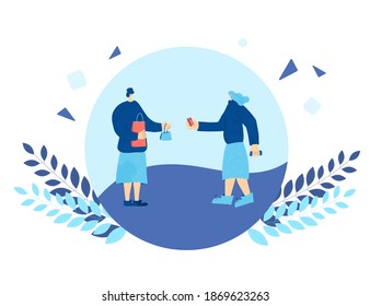 Buy local concept. Young woman taking a handmade thing and want to pay by credit card. Saleswoman and her client made a deal. Round composition. Vector flat illustration.