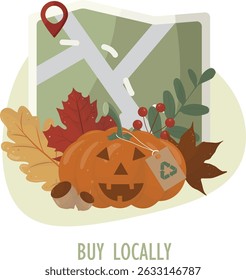Buy Local Halloween Pumpkins Map Location Guide isolated on transparent background. Local shopping concept. Halloween seasonal purchasing. Responsible halloween. Flat style. Vector illustration