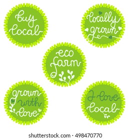 Buy local, Locally Grown, Eco farm. Stamps, badges, labels for farmers market, local business, shop, branding, food store, harvest festival, design, package. Set.