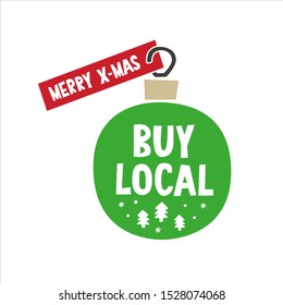 Buy Local Merry X-mas Tag Promo Sticker. Christmas Ornament Label Design With Winter Forest, Tree, Snowflake Clipart For December Product Promotion, Eco Shop, Farmer Booth Decoration.