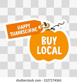 Buy local sticker. Thanksgiving pumpkin label design, clipart with an orange tag and swirls for autumn promotion product, shop, farmer market, fall harvest booth decoration.