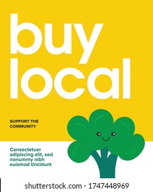 "Buy Local" Template Design Concept. Vector illustration of Broccoli. Happy Broccoli Character. Healthy Eating