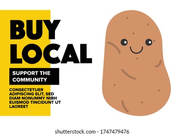"Buy Local" Template Design Concept. Vector illustration of Potato. Happy Potato Character. Healthy Eating