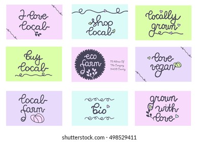 Buy local vector badges set. Cards, labels for local produce, farmers market, eco farm, shop, package, food store, harvest festival. Local Farm. Locally grown. Shop local. Vegan.