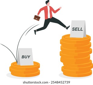 Buy low, sell high. Extensive financial or economic growth. Profit from the stock market or investment. Flat vector illustration.

