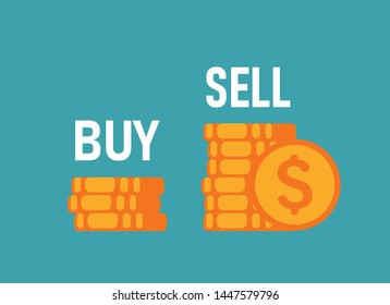 Buy low, sell high, two piles of dollar coins with text as business concept of trading advice. Positive trend, financial strategy, increasing Forex market. Flat vector illustration.