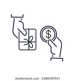 Buy, make gifts joy for friends and loved ones. Holiday shopping service. Vector linear illustration icon isolated on white background.