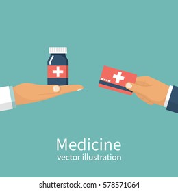 Buy Medicine. Doctor Holding Bottle Of Pills To A Patient. Medical Insurance Card In Hand In Exchange For Tablets. Sell Pills. Pharmacy Shop. Vector Illustration Flat Design. Isolated On Background.