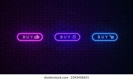 Juego de iconos del botón Comprar neón. Compra un signo brillante. Ilustración del vector