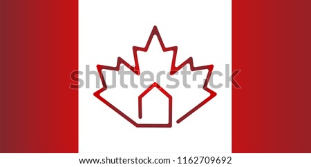 Buy New house in Canada. Canada flag real estate logo. Concept of Provincial immigration Visa and migration programs to North America from Third World countries. Red maple leaf Canadian symbol.