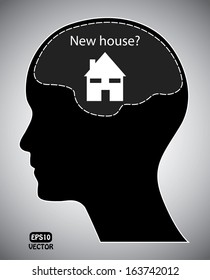 Buy new house concept vector. Creative isolated house icon with brain, head and text. Black and white eps10 vector.