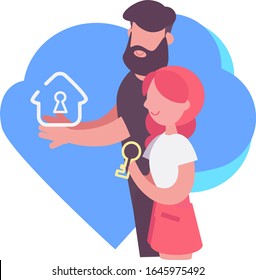 Buy new house. A young family dreams of their home. Man is holding a house outline with a keyhole in his hands, a girl holding a key. Buying and selling real property, mortgage illustration