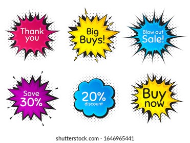 Buy now, 20% discount and save 30%. Comic speech bubble. Thank you, hi and yeah phrases. Sale shopping text. Chat messages with phrases. Colorful texting comic speech bubble. Vector