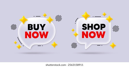 Buy now with 3d flare icons. Shop now glass chat speech bubble with 3d stars. Black friday concept icon. Buy chat message with cute 3d flare stars. App shop now transparent bubble. Vector illustration