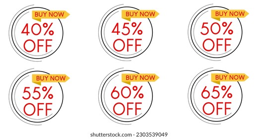 Buy now with 40, 45, 50, 55, 60 and 65% off. Sale banner with yellow banner, for e-commerce or social media. White background. Louis George Café Bold font