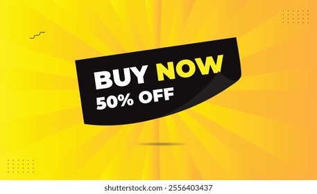 Buy now 50% off editable EPS format banner template design featuring bold white text on a yellow-orange background with black shapes. Perfect for promotions, discounts, and eye-catching sales