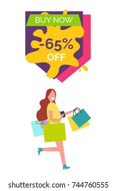 Buy now -65% off, image with lady dressed in yellow shirt, smiling and running somewhere with bags vector illustration isolated on white