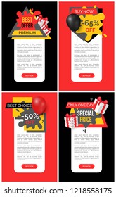 Buy now 65 percent discount, shop and store sale web site templates. Banner with text and inflatable balloon, commerce trading business promotion