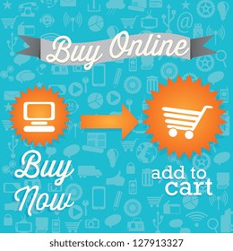 Buy Now! (add to cart) On blue background. Vector