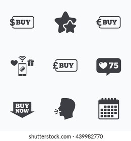 Buy now arrow icon. Online shopping signs. Dollar, euro and pound money currency symbols. Flat talking head, calendar icons. Stars, like counter icons. Vector