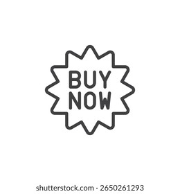 Buy now badge line icon in outline vector style. Features a burst shape with 'Buy Now' text for promotional buttons. Call-to-action icon and ecommerce symbol.