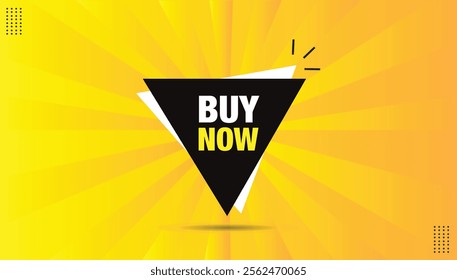 Buy Now banner EPS format icon sticker label editable template design with black and white shapes, featuring a vibrant orange and yellow background. Perfect for eye-catching promotions!