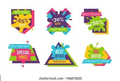 Buy now and best choice, fantastic offer only today, stickers and labels with blots, ribbons and geometric shapes with text vector illustration