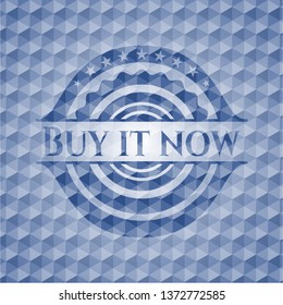 Buy it Now blue emblem or badge with geometric pattern background.