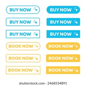 Buy Now and Book Now Web Buttons simple outline style vector. Hand clicking and pointer icon symbol