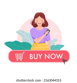 Buy now botton with cursor, young girl shopping online holding cell phone and using mobile app, customer search and buy, e-commerce concept. Click here with pointer and cart. Flat vector illustration.