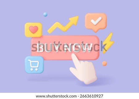 Buy now button in 3d style with hand cursor, shopping cart, heart, checkmark, and arrow icons for ecommerce marketing and website conversion vector illustration
