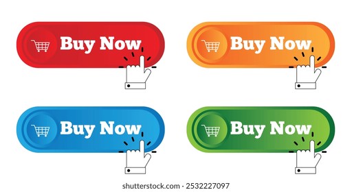 Buy Now Button with Clicking Finger Different Colors. Commercial graphic design and illustration elements concept vector