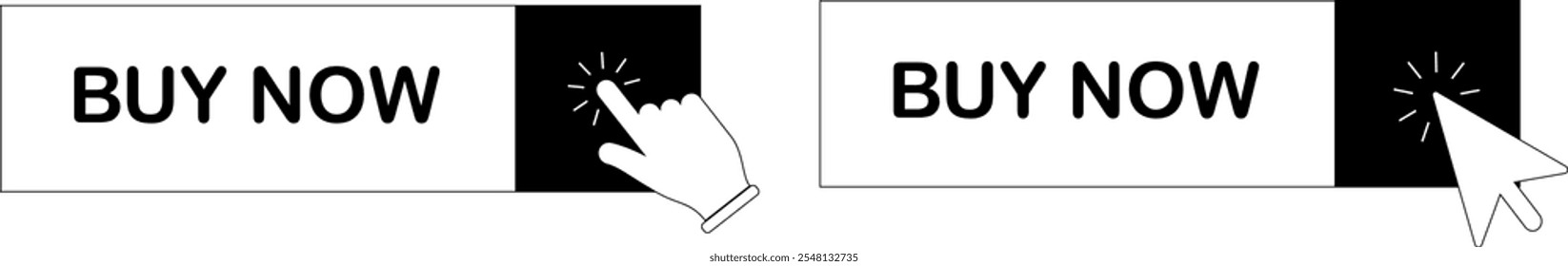 Buy now button with hand cursor with mouse clicking. Button hand pointer clicking. Online shopping. Vector illustration