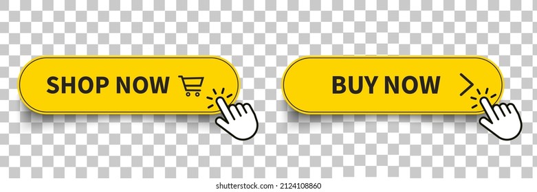 Icono de botón Comprar ahora. Botón Ver ahora Pulse Cursor del ratón y Diseño del vector de boletos de compra en fondo transparente.
