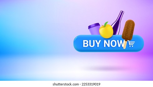 Buy now button with meal. Vector 3d banner with copy space
