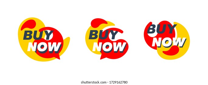 Buy Now button set - promo text message in creative abstract decoration - isolated vector sticker