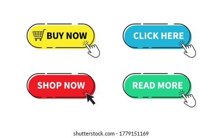 Buy Now Button. Shop Now, Click Here, Read More Buttons. Vector Illustration. On White Background